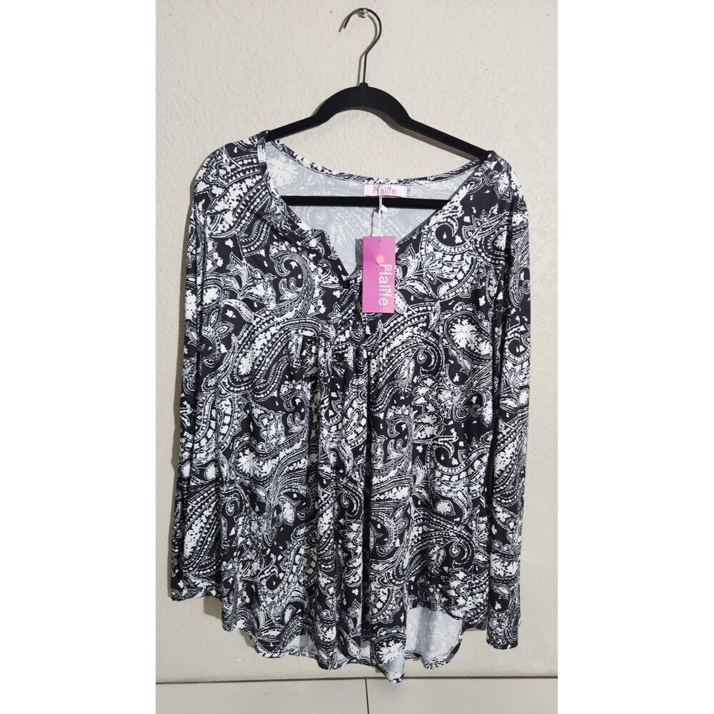 Halife Shirt Womens 2XL Black White Paisley Print Long Sleeve Button Top XXL